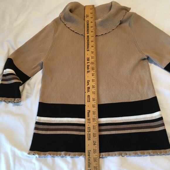 Designers Originals Large Cowl Neck Sweater 3/4 Sleeve Tan Black/White Stripes - Picture 5 of 6